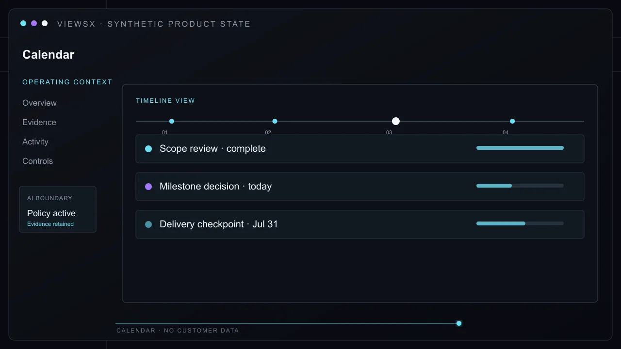 Synthetic Calendar product view showing Relate a client review meeting to the milestone it informs, the people attending, and the decision or follow-up that comes next.