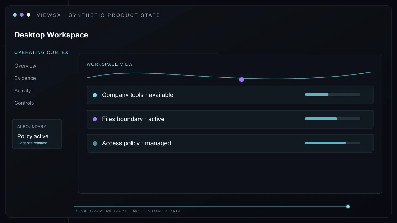 Synthetic Desktop Workspace product view showing Provide a remote employee with a managed work environment that keeps company tools, files, and access boundaries in one controlled workspace.